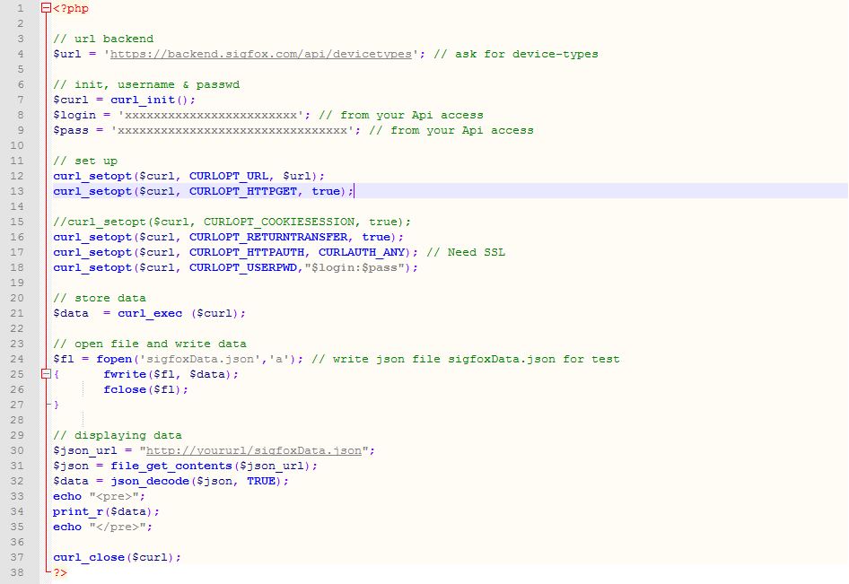 Getting started with the Sigfox API & php/json